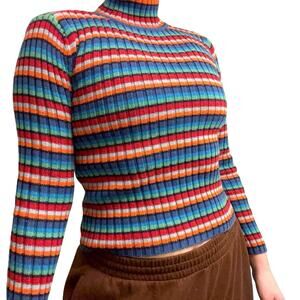 Vintage Y2K Tommy Hilfiger Striped Mock Neck Sweater Womens L Heavy Cotton Knit